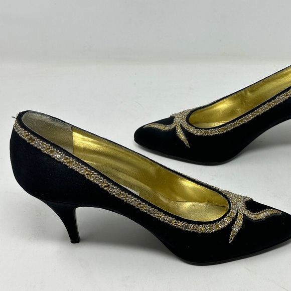 Rene Caovilla Wilkes Bashford Italy  Pump Heels Black Gold Satin Crystal Size 8 - Picture 1 of 14